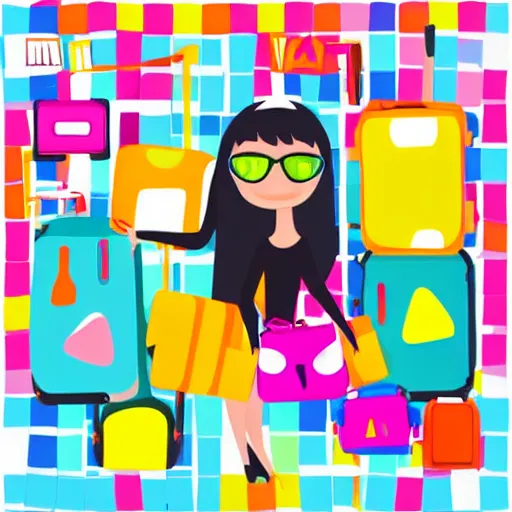 Prompt: a flat vector stock art image of a woman with long hair stuffing colorful 2 d shapes into an open suitcase, the suitcase contains many shapes already, bright colors