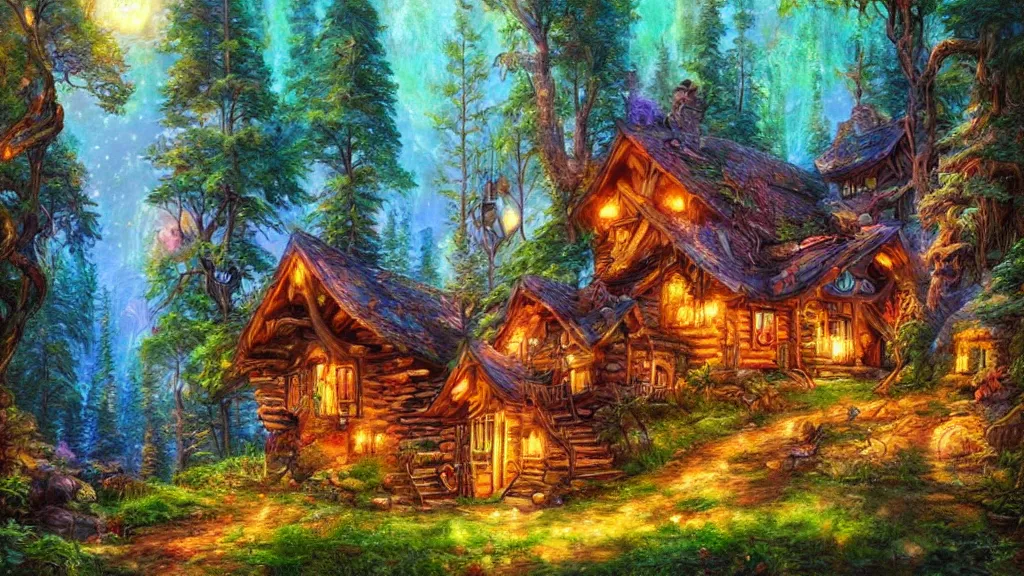 Image similar to Beautiful cabin in the woods” Beautiful Dreamscape, Digital art, concept art, detailed, lovely colors, Art station,3-D 4K, beautiful background, matte painting, Josephine wall,