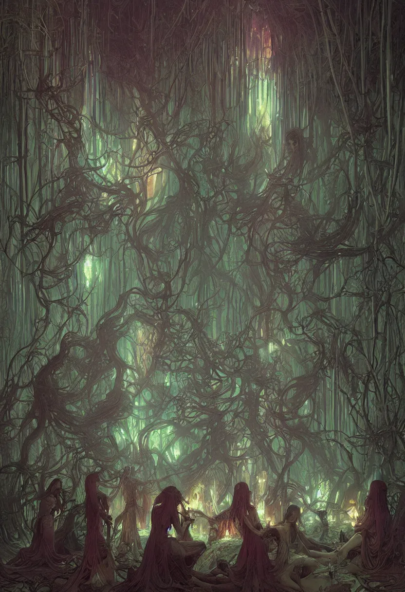Image similar to a group of beautiful cyberpunk witches having a seance in a bioluminescent forest - by greg rutkowski and raymond swanland hr giger and zdzislaw beksinski and alphonse mucha and moebius, matte painting, hyperdetailed, symmetry, art nouveau, beautiful render, concept art