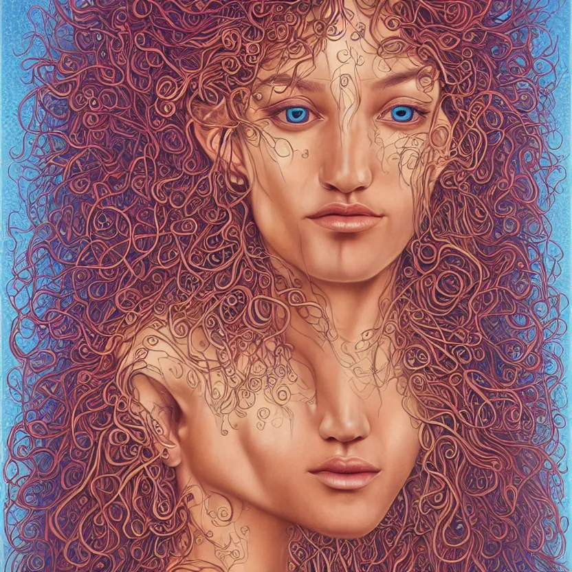 Image similar to perfectly centered portrait front view of a beautiful mushroom goddess, flowing hair, intense stare, sweet smile, symmetrical, concept art, intricate detail, volumetric shadows and lighting, realistic oil painting by alex grey,