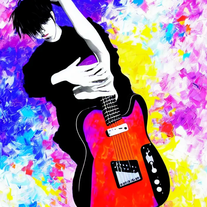 Image similar to abstract, a young korean male musician wearing black tank top holding a telecaster!!! electric guitar!! explodes in abstract, thick flowing dramatic brush strokes, strong wind, white background, matte colors, impressionist, extreme motion, trending on artstation