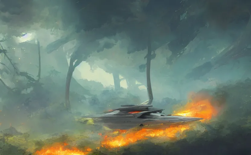 Image similar to a spaceship on fire and smoke crashed in a forest, smoke and fire. By Makoto Shinkai, Stanley Artgerm Lau, WLOP, Rossdraws, James Jean, Andrei Riabovitchev, Marc Simonetti, krenz cushart, Sakimichan, trending on ArtStation, digital art.