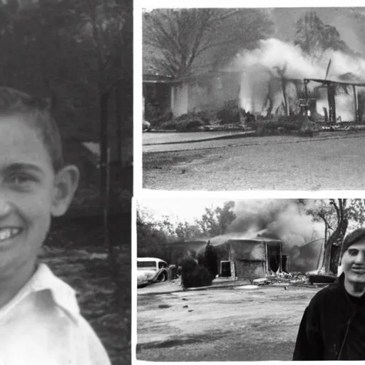 Prompt: a photo of a house burning down in the background and a man with an eerie smile in the foreground,