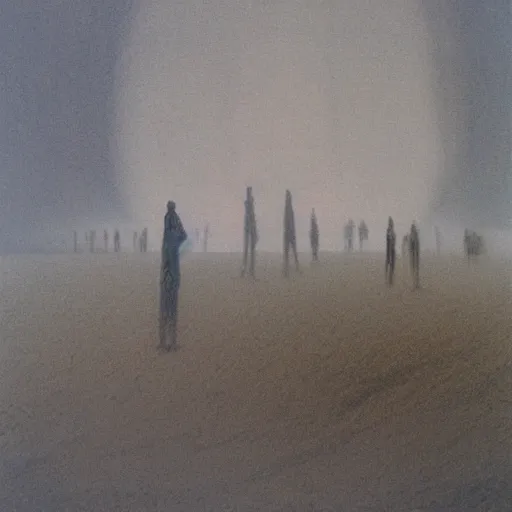 Prompt: a dust storm made out of souls rolling over sand dunes. sad ghostly faces in the storm. painted by beksinski and peter mullen.