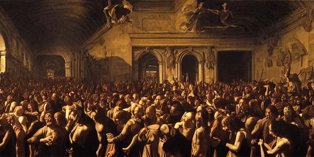 Image similar to huge crowd of unruly people enjoying dark ritual music, high detail baroque oil painting, golden ratio, volumetric light, godrays, terrifying geometry, alan lee, caravaggio, michelangelo