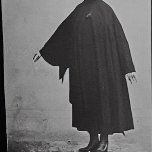 Prompt: black and white grainy newspaper photo from 1898 of an old scary woman in black suit, horror, high detail