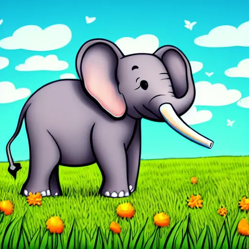 Image similar to cute cheerful elephant with his two ears and his trunk in a meadow, colouring - in sheet, concept design, character art, sharp focus, highly detailed, artstation