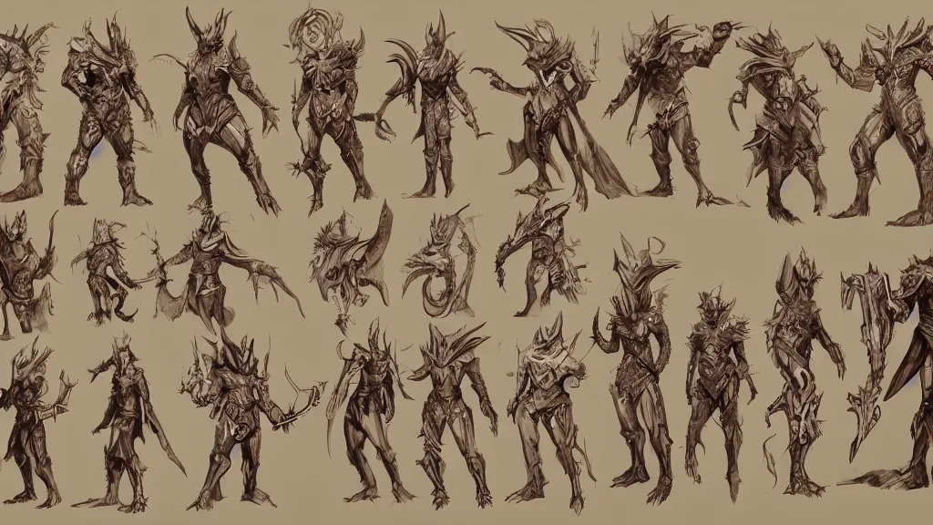 Image similar to a fantasy draconian character design sheet, trending on artstation