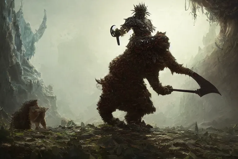 Image similar to a muscular tunesian man wearing shrubbery armor fighting a fluffy cat king with a crown and a scepter and cape, fantasy, digital painting, volumetric light, intricate, sharp, focus, bloom, illustration, highly detailed, concept art, matte, ruan jia, randy vargas, greg rutkowski