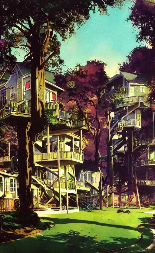 Prompt: a suburban treehouse neighborhood with deep green and purple glowing clouds. highly detailed science fiction painting by norman rockwell, frank frazetta, and syd mead. rich colors, high contrast, gloomy atmosphere, dark background. trending on artstation.