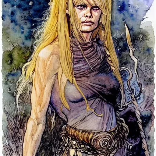 Image similar to a realistic and atmospheric watercolour fantasy character concept art portrait of brigitte bardot in her 2 0 s as a druidic warrior wizard looking at the camera with an intelligent gaze by rebecca guay, michael kaluta, charles vess and jean moebius giraud