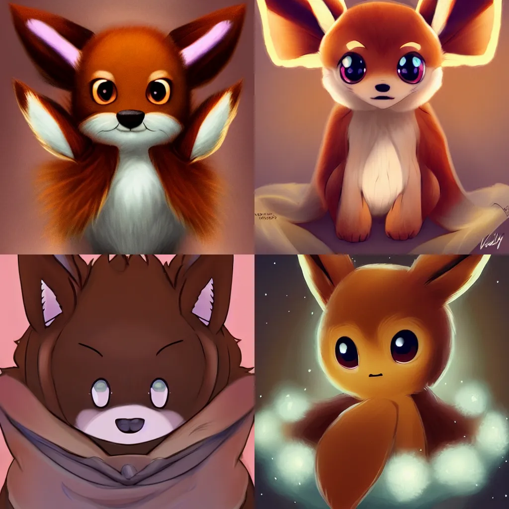 Prompt: Eevee wrapped in a cozy blanket, Eevee is the cutest round brown fox ever, brown fur, huge eyes, small round head, big round ears, white neck fur, fluffy, reflection in eyes, adorable, stunning digital artwork, beautiful lighting, furaffinity, furry art