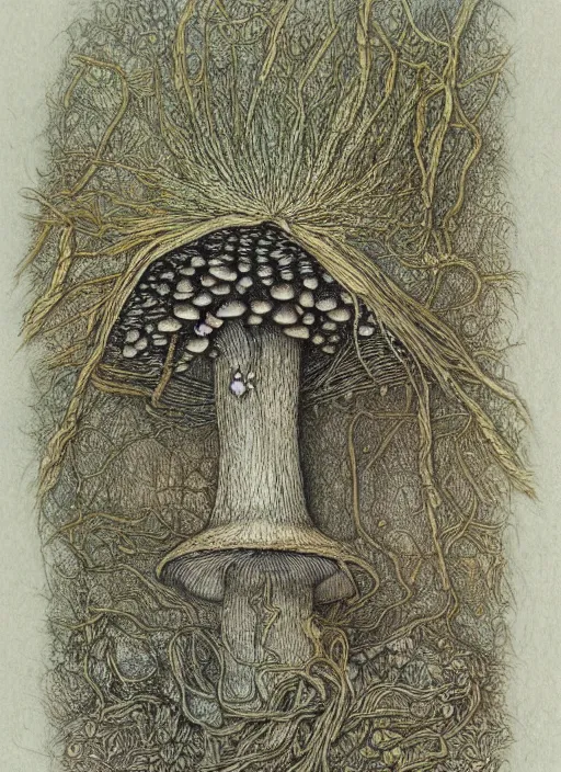 Image similar to a hybrid between a mushroom and a house,, insanely detailed, studio light, gustav dore, colored pencil