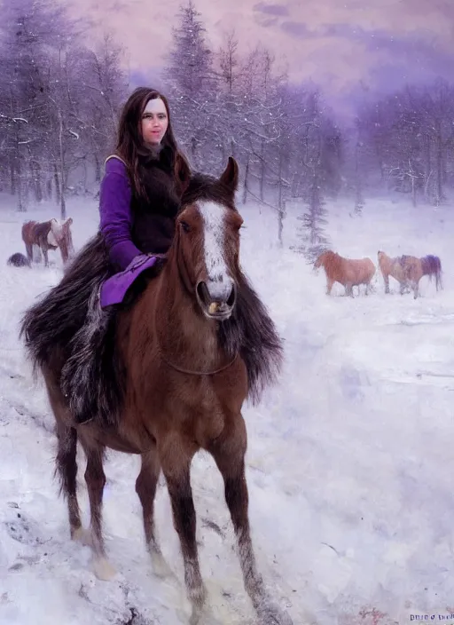 Image similar to portrait of a nordic girl with violet eyes in a snowy tundra, the girl with violet eyes has a horse. by Daniel F. Gerhartz, hyperrealistic oil painting, 4k, very detailed faces, studio lightning