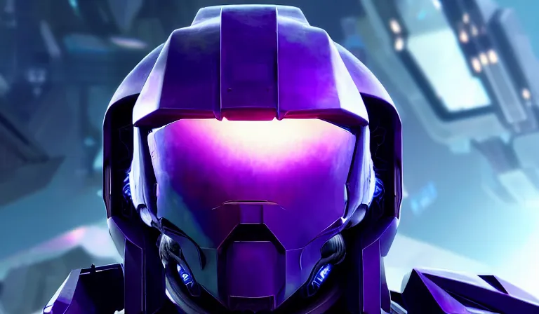 Image similar to cyberpunk halo helmet purple star visor floating in space with reflections, epic, dramatic, photorealistic, award winning, 8k,