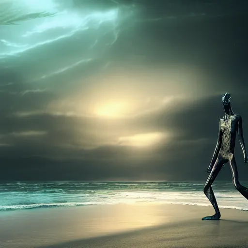 Image similar to a stunning cinematic wide shot of a beautiful confused slick sleek smooth humanoid sea monster wearing clothes made of seaweed on a dark stormy beach, well designed perfect with slick led eyes, sharp claws, cgsociety, hd octane render, fantasy, furry art, artstation, deviantart, furaffinity, very very clean