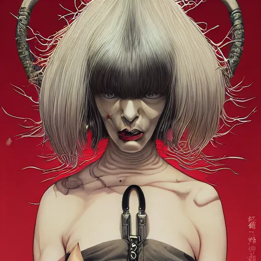 Image similar to portrait of crazy sia kate isobelle furler samurai and vampire, symmetrical, by yoichi hatakenaka, masamune shirow, josan gonzales and dan mumford, ayami kojima, takato yamamoto, barclay shaw, karol bak, yukito kishiro