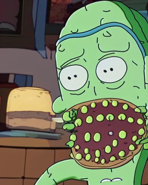 Prompt: film still close - up shot of pickle rick in the tv show rick & morty. photographic, photography