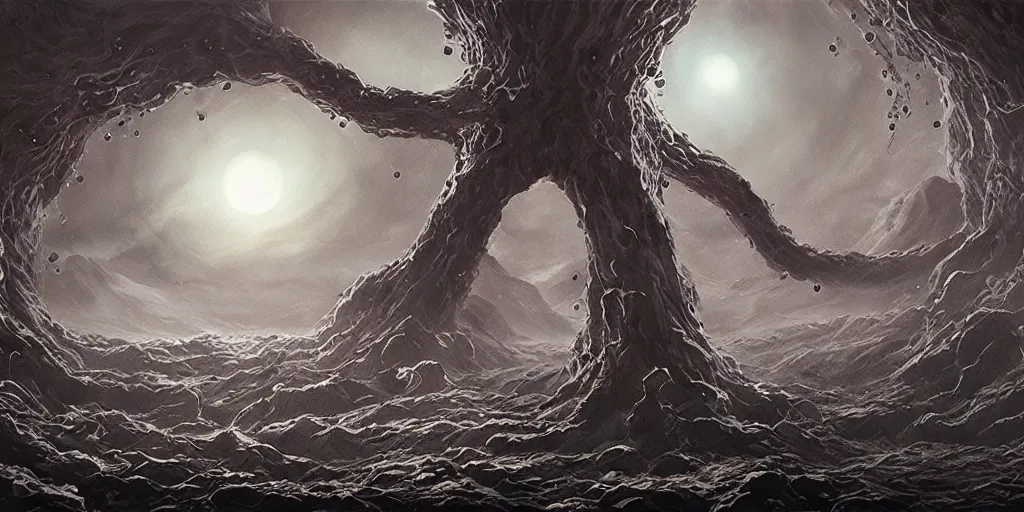 Image similar to depiction of yog - sothoth, dark colour, matte painting, concept art, highly detailed