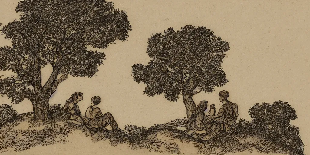 Prompt: a couple sits on a hill together as wind blows trees around, yellowed paper, pen and ink, 1 5 0 0 s, 8 k resolution