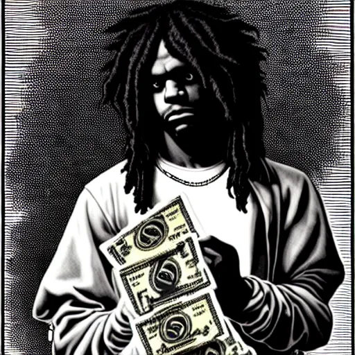 Image similar to highly accurate cheef keef rapper holding stacks of cash, biblical image, style of gustave dore, highly detailed, beautiful, high contrast, black and white