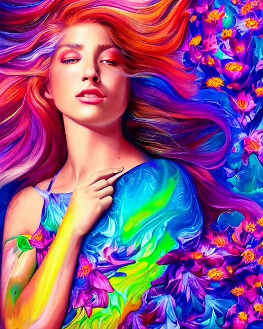 Prompt: ultra detailed realistic colorful acrylic pour flow painting of a iridescent - haired woman with striking eyes, girl in a bed of flowers, directed gaze, digital art by rhads, lisa frank, clint cearley, trending on artstation, psychedelic art, psychedelic, metaphysical, vibrant colors, mystical, digital illustration