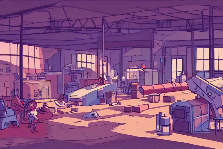 Prompt: factory interior in steven universe video game art style, thick outlines, color vector art, artstation, illustration, 4 5 degree camera angle