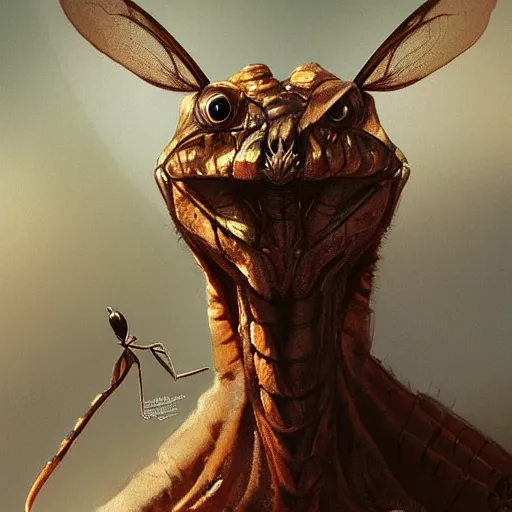 Image similar to portrait of brown anthropomorphic mantis religiosa ; hard predatory look ; d & d rogue ; flat triangle - shaped head with thin thread - like antennae ; concept art ; artstation ; 8 k ; wallpapers ; heavy contrast ; cinematic art ; cgsociety ; art by greg rutkowski and artgerm