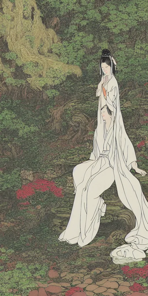 Prompt: landscape shot of a highly detailed queen sitting by herself on a sofa in a forest wearing a white robe drawn in classical Japanese style, elegant, beauty, psychedelic