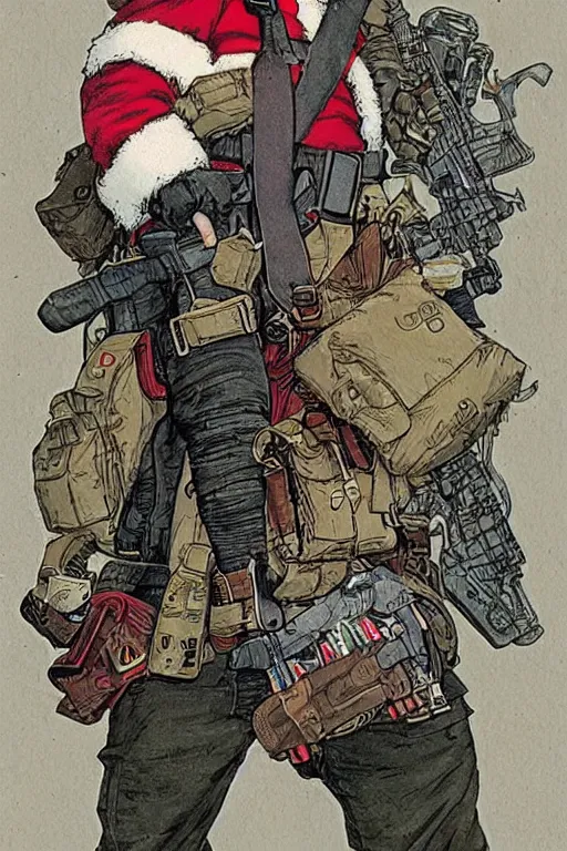 Image similar to concept of Santa Claus holding a M61 Vulcan and wearing an army harness vest full of pouches, by Geof Darrow and Simon Bisley, detailed, full body