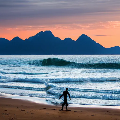 Image similar to A beach with mountains. The tallest peaks reach nearly to the sky. Ahead, in the distance, a blue-green sea stretches out for miles and miles until it fades into infinity. Surfers are riding the waves as they break against the shore. As the sun sets over the horizon, the light casts shadows across the water. A lone figure walks along the ocean's edge while looking at the distant land that lay beyond.