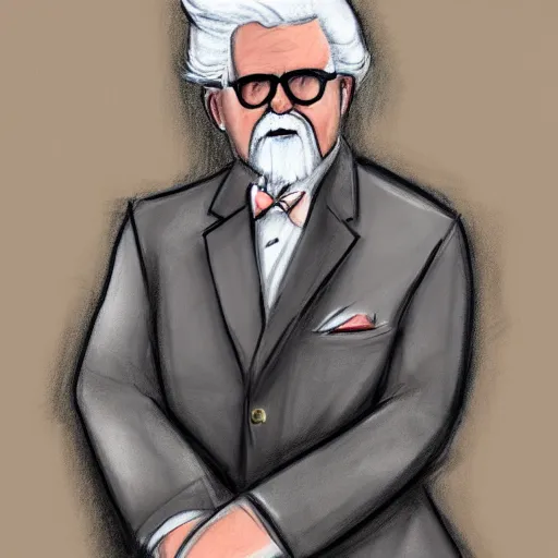 Image similar to courtroom sketch of colonel sanders, 4 k, hyper realistic, dslr, high resolution, landscape, beautiful