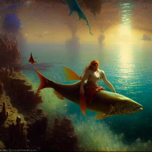 Image similar to i am at the bottom of the ocean looking up, see fishes swimming, the milk way up above, night time, midnight. highly detailed painting by gaston bussiere, greg rutkowski 8 k