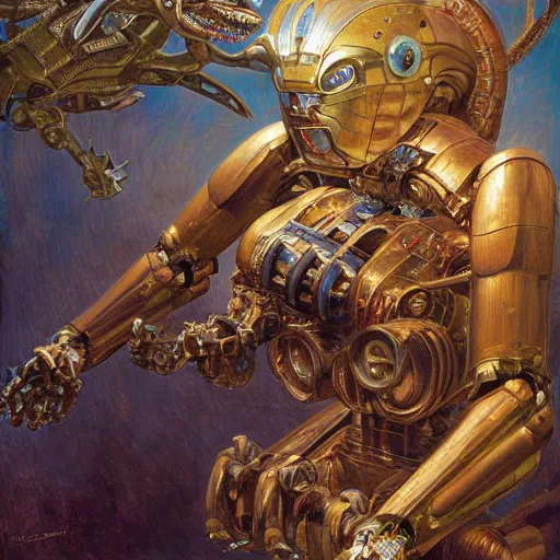 Image similar to highly detailed painting of a robotic humanoid lizard mecha, painting by gaston bussiere, craig mullins, j. c. leyendecker, lights, art by ernst haeckel, john william godward, hammershøi, alex grey, dmt, symmetric, masterpiece details, hyper - detailed, hd, hdr, 4 k, 8 k