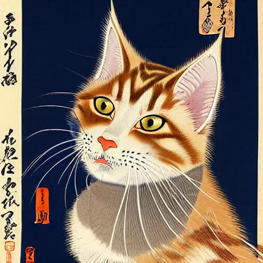 Prompt: beautiful portrait ukiyo - e painting of an ginger maine coon by kano hideyori, kano tan'yu, kaigetsudo ando, miyagawa choshun, okumura masanobu, kitagawa utamaro