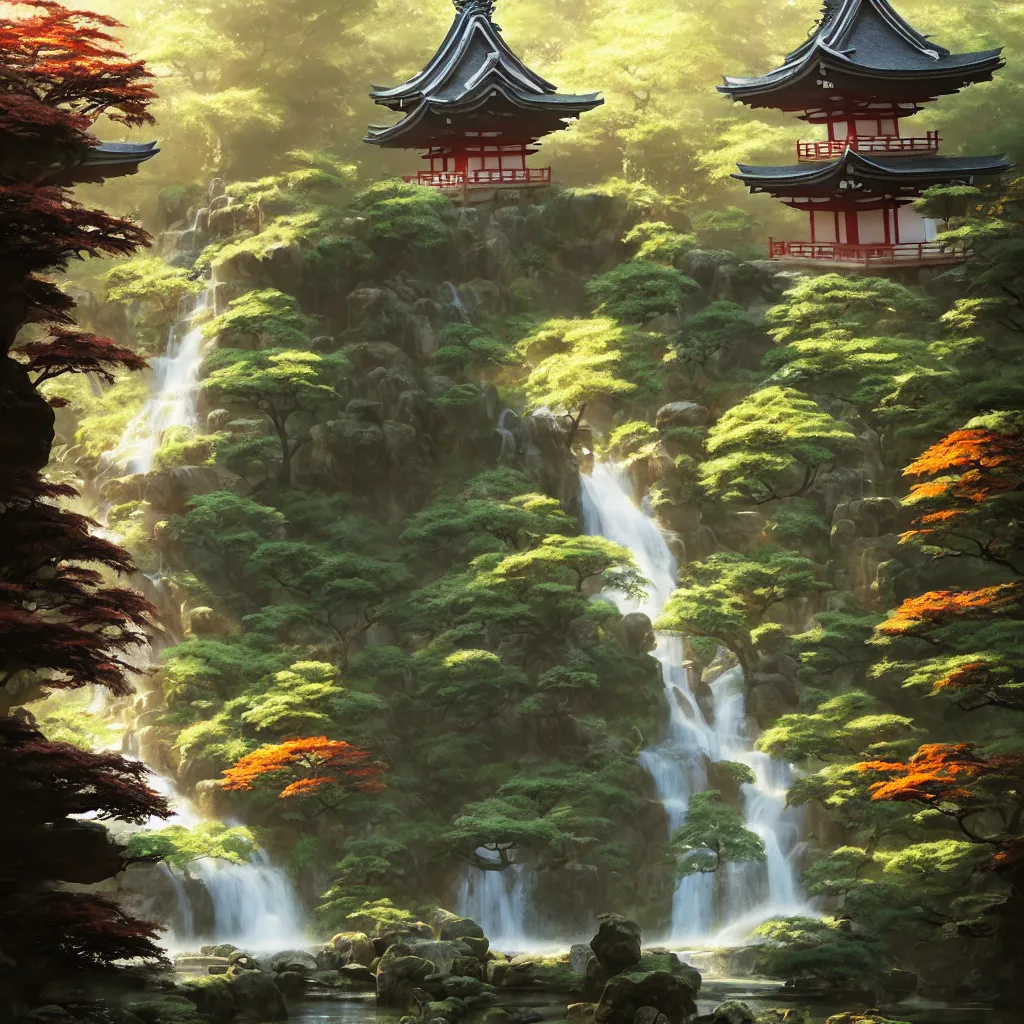 Image similar to A magical Japanese temple garden on a sunny day, dreamy feeling waterfalls, art by Andreas Rocha and greg rutkowski, highly detailed, digital painting, matte painting, concept art, illustration, warm lighting, trending on artstation, very detailed