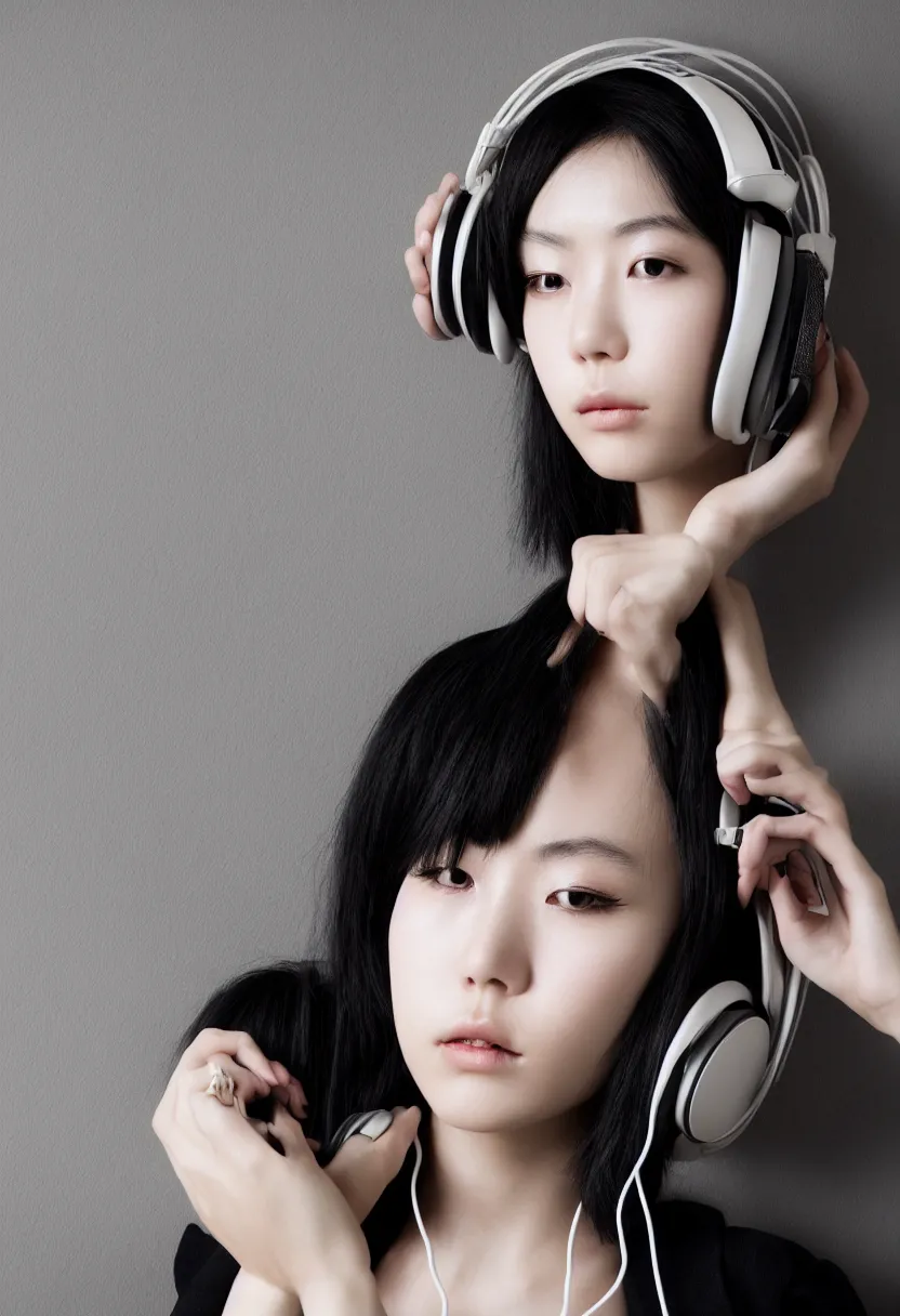 Prompt: single japanese young woman waist up portrait, headphones listening to music, elegant as fashion editorial shot, highly detailed, smooth, sharp focus, dramatic lighting, photo by vogue