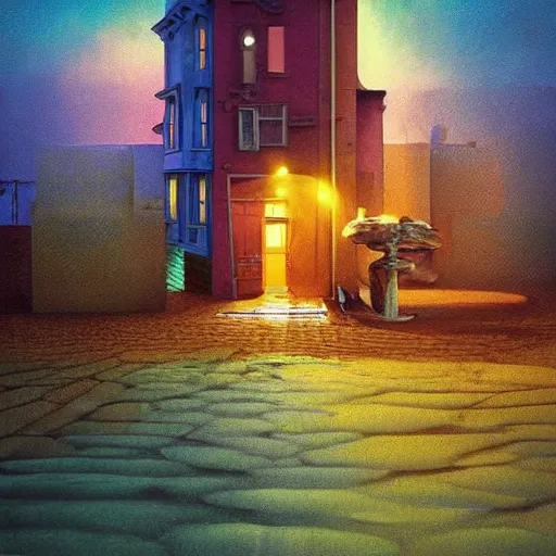 Image similar to colourful beautiful scene. digital artwork by vincent bons, michael whelan, beeple, remedios varo and gerardo dottori. grainy and rough. interesting pastel colour palette. beautiful light. oil and water colour based on high quality render. retro.