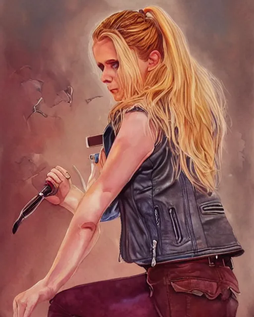 Prompt: watercolor full body portrait of buffy the vampire slayer, buffy, leather jacket, sitting in bed, romantisism, outrun, pastel colors, painting, dramatic, detailed, by android jones