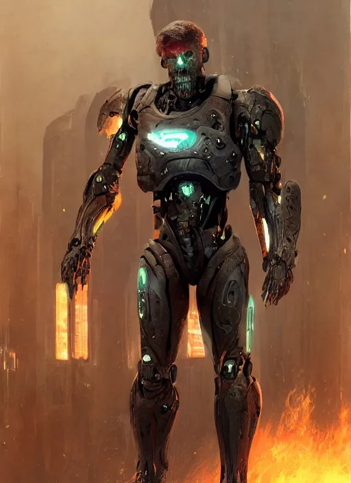 Image similar to willem dafoe as victor stone, full body concept, cyborg, borg, strogg, face of a man, terminator, flesh, quake strogg, doom demon, wolfenstein, monstrous, symmetry, symmetrical, concept art by ruan jia and greg rutkowski