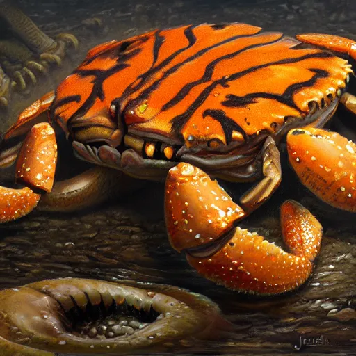 Image similar to tiger - crab creature, oil painting by justin gerard