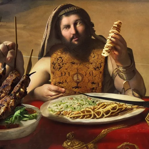 Image similar to roman emperor leonid eating kebab on the horse, a close view, hyperrealistic, 8 k