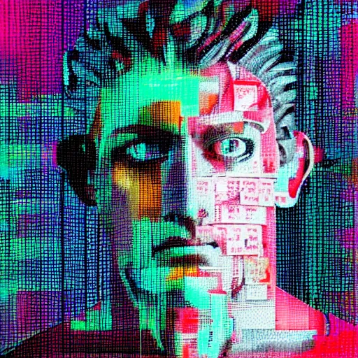 Prompt: A fashion editorial headshot of Michaelangelo's statue of David with matrix code bleeding from his eyes, glitch art