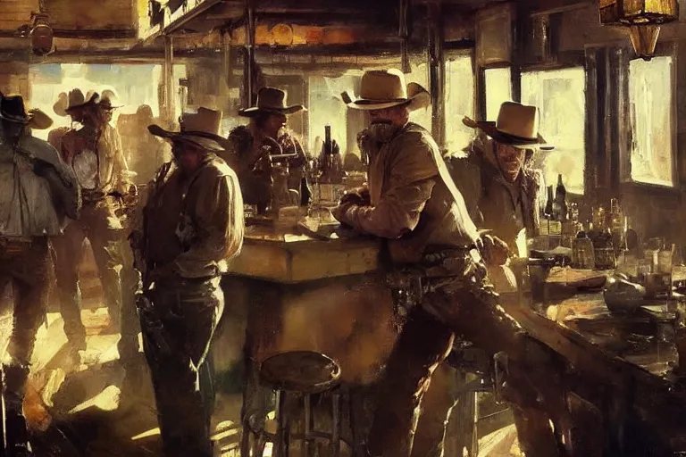 Prompt: oil painting of old rugged robot bounty hunter in a bar fight in dusty wild west town, art by anders zorn, wonderful masterpiece by greg rutkowski, beautiful cinematic light, american romanticism by greg manchess, jessica rossier and norman rockwell