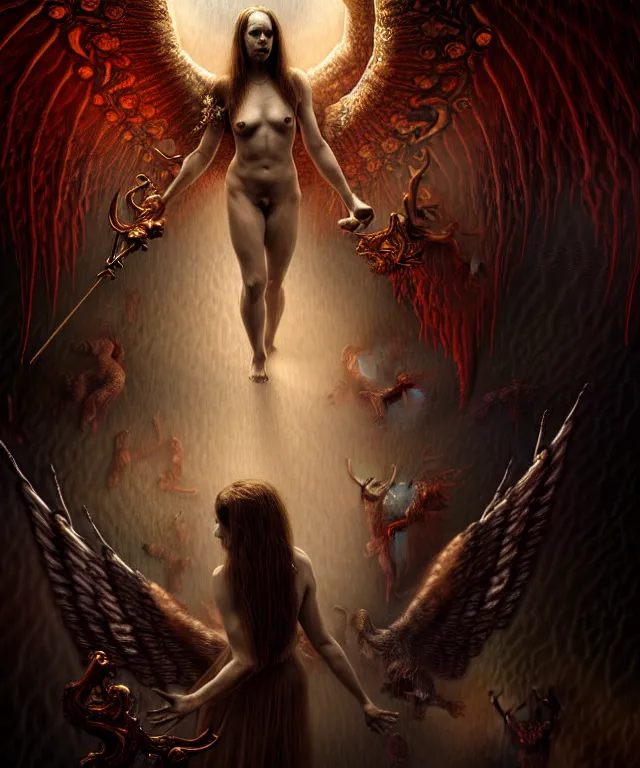 Image similar to epic professional digital art of angels and demons, horrific yet beautiful vibe, evocative, atmospheric lighting, painted, intricate, highly detailed, by leesha hannigan, wayne haag, reyna rochin, ignacio fernandez rios, mark ryden, iris van herpen, artstation, cgsociety, stunning, gorgeous, sharp focus, cinematic, masterpiece