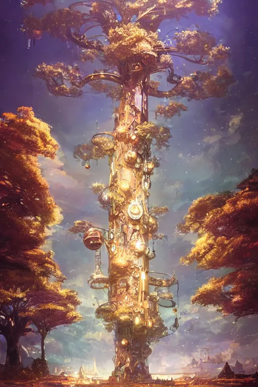 Prompt: a giant glimmering steampunk tree with a big trunk made of glass, high intricate details, rule of thirds, golden ratio, cinematic light, 8 k, octane render, anime style, graphic novel by fiona staples and dustin nguyen, art by beaststars and orange, peter elson, alan bean, studio ghibli, makoto shinkai