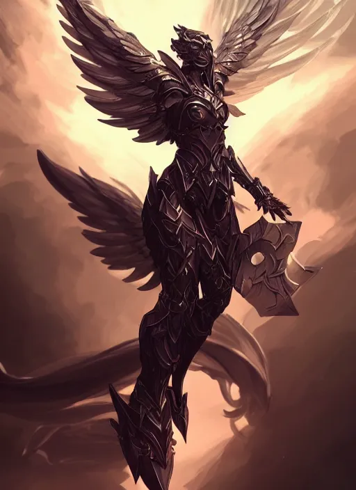 Image similar to a highly detailed illustration of winged divine armored angel, ominous floating pose, intricate, elegant, highly detailed, centered, digital painting, artstation, concept art, smooth, sharp focus, league of legends concept art, wlop.