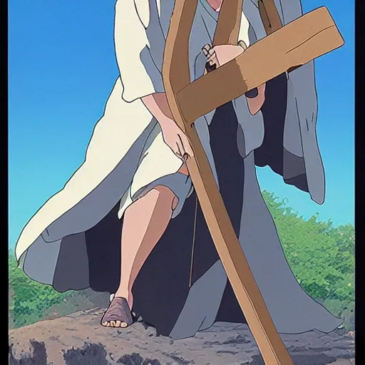 Image similar to poster of a bloodied Jesus carrying his cross, Studio Ghibli