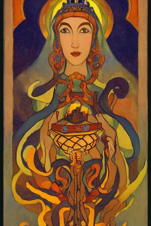 Prompt: lizard queen with her crown and lantern, by Nicholas Roerich and Annie Swynnerton and Francis Bernard Dicksee, dramatic cinematic lighting , ornate headdress , flowing robes, sacred artifacts, lost civilizations, smooth, sharp focus, extremely detailed