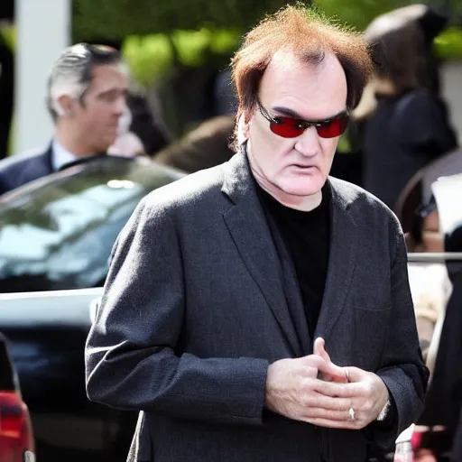 Prompt: quentin tarantino at a funeral, wearing a yarmulke, paparazzi
